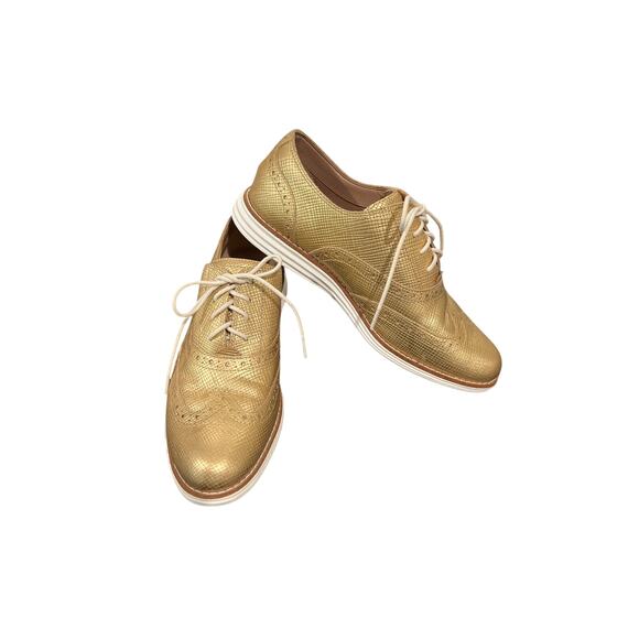 Cole Haan Grand OS Metallic Gold Wingtip Oxford Shoes Women's Size 7.5B Glam - Picture 1 of 8